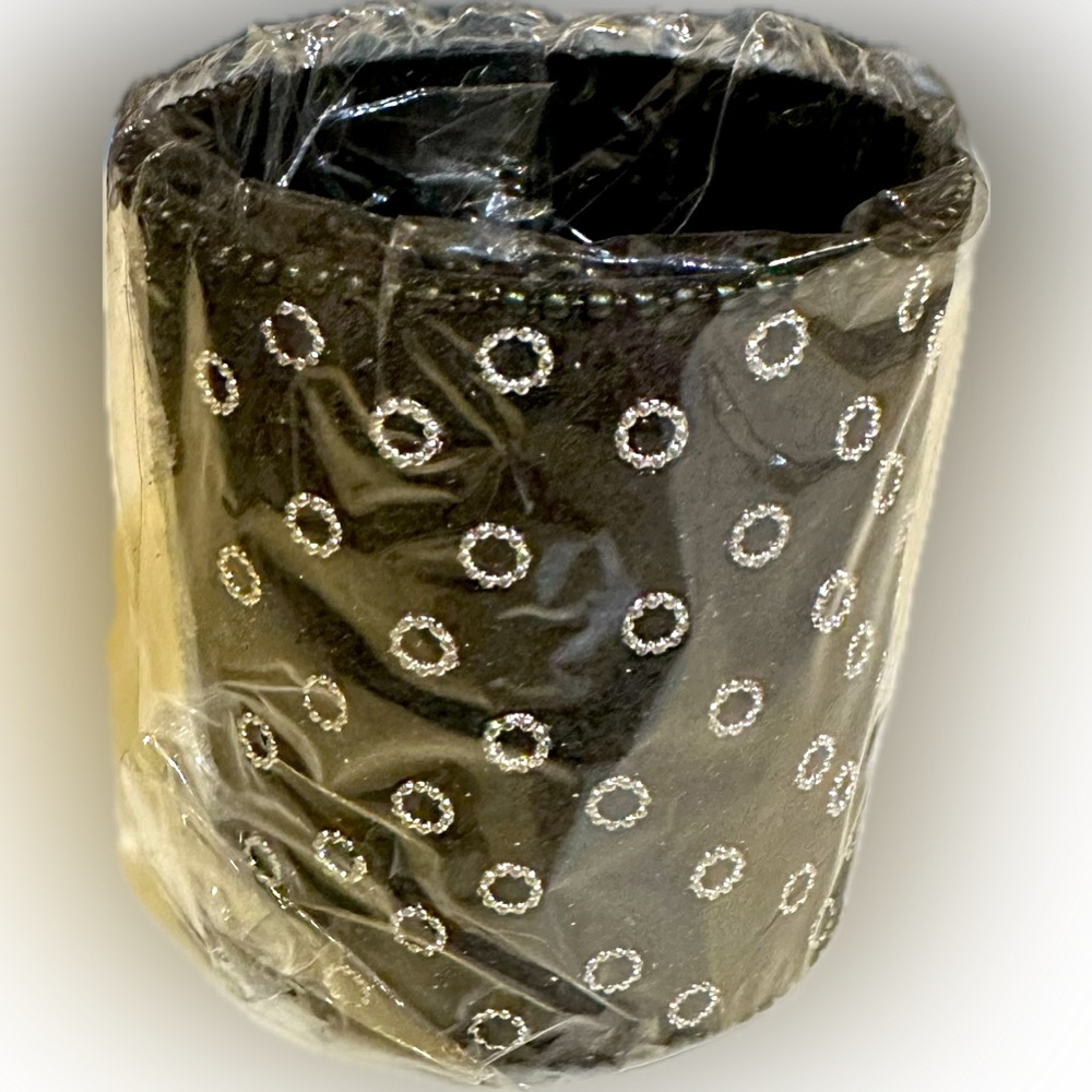 VTG 2005 NEW FLORAL PEN PENCIL CUP CONTAINER HOLDER  BLACK SILVER MADE IN INDIA